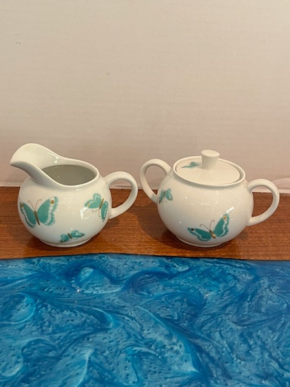 Vintage 1960's Jean Luce Blue Butterfly w/ Gold Accents Creamer and Sugar Bowl